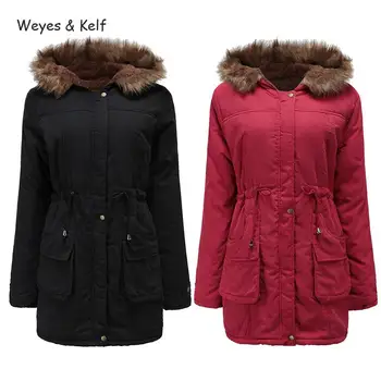 

Weyes & Kelf Solid Winter Fur Collar Long Coat women Parka 2019 Red Black Slim Wool Liner Jacket Women Ropa Mujer