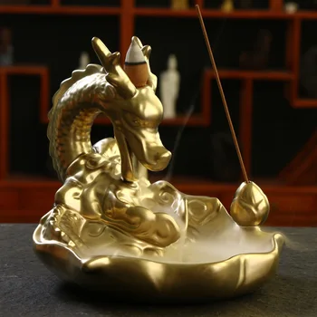 

Backflow Incense Burner Home Decor Ceramic Dragon Stick Incense Holder Gold Plated Aroma Censer + 20Pcs Incense Cones