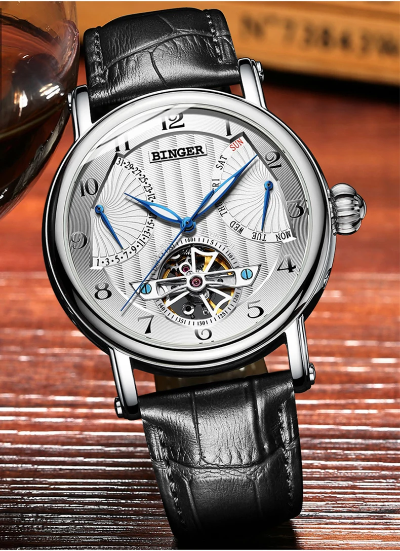 Швейцария BINGER Для мужчин Элитный бренд Для мужчин автоматические механические часы Tourbillon Бизнес кожи человека календарь часы Для мужчин s