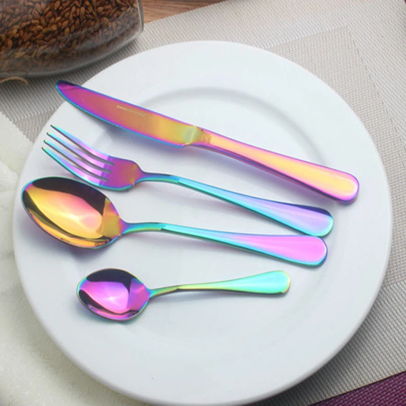 4Pcs/Set New Luxury Multicolor Rainbow Dinner Set Wedding Travel Cutlery Stainless Steel Dinner Knife Fork Scoops Silverware Set