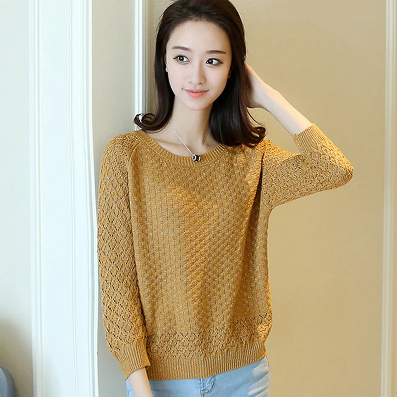

Women Casual Autumn Sweater Knitted O-neck Hollow Out Long Sleeve Womens Jumper Pullover Pull Femme