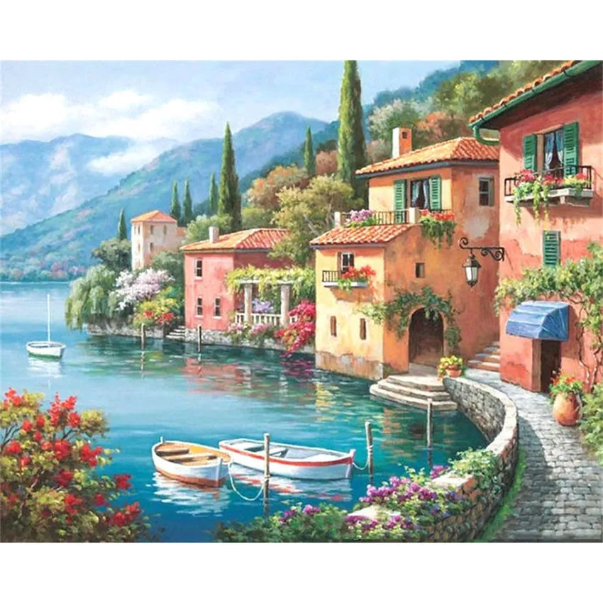 

DIY Digital Painting By Numbers Package Spring harbor oil painting mural Kits Coloring Wall Art Picture Gift frameless