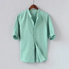 Мужские рубашки, дышащие, одноцветные,, мужская рубашка с коротким рукавом, летняя, хлопковая, тонкая, со стоячим воротником, camisa masculina