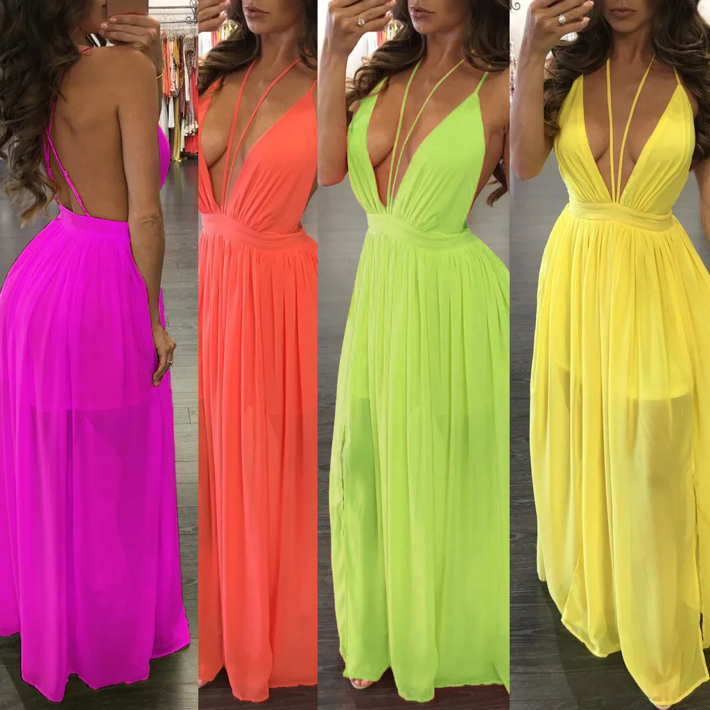 Summer Maxi Dresses Long Beach Dress Women Clothes Beach Wear Halter Chiffon Suspenders V Neck fluorescent color Plaj Elbiseler