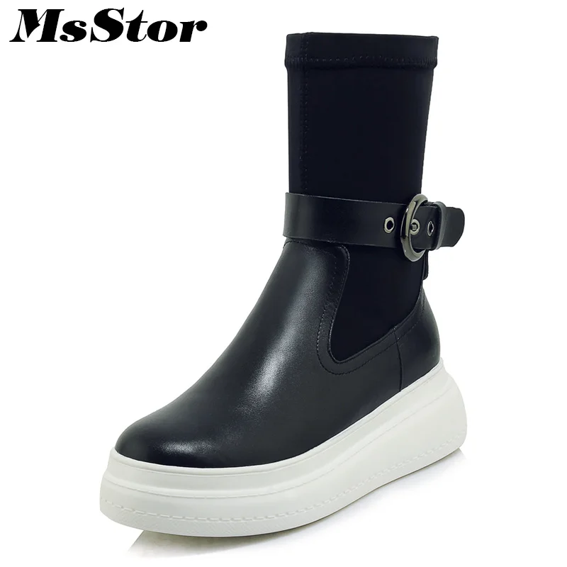 

Msstor Women Boots 2018 Round Toe Thick Bottom Flat Ankle Boots Women Shoes Winter Buckle Short Plush Black Boot Shoes For Girl