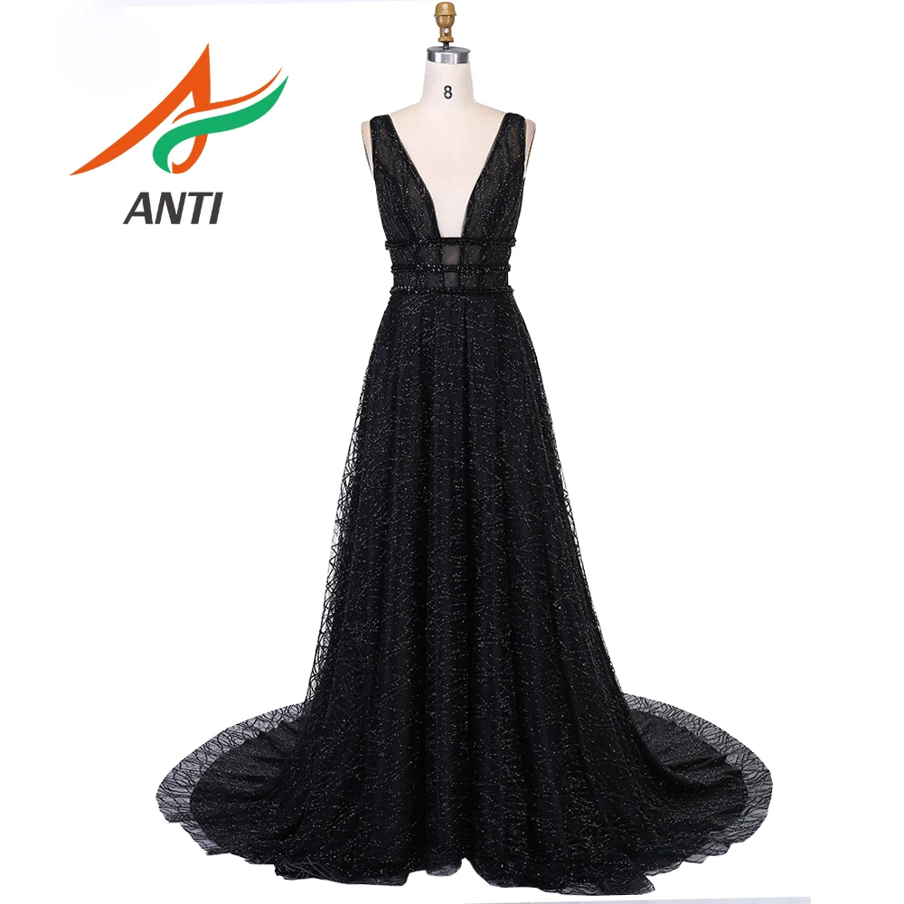 

ANTI Long Sexy Black Evening Dress 2019 Low Back Gown Formal Party Dress Prom Special Occasion Open V neck Dress Sleeveless