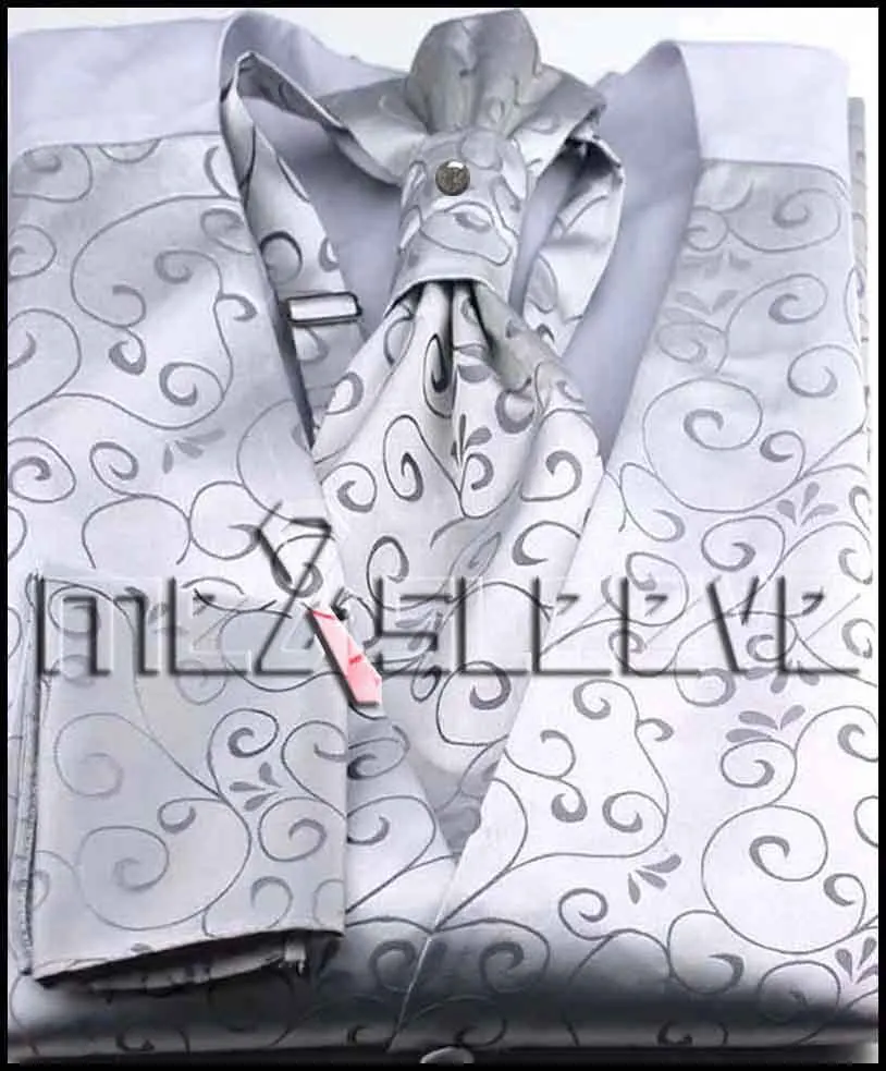new arrival silver floral formal wear high quality waistcoat vest ascot tie cufflinks handkerchief 