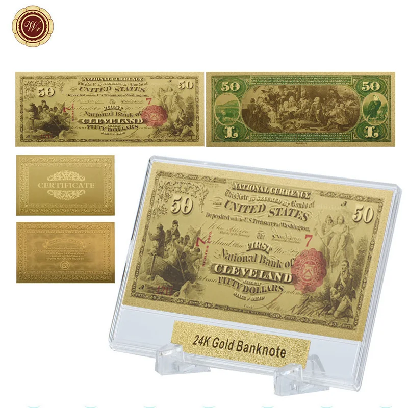 WR 1928 Gold Plated Collectible 50 Dollar 24k Banknote Fake Money Home Decorative With Plastic Stand Business New Year Gift | Дом и сад
