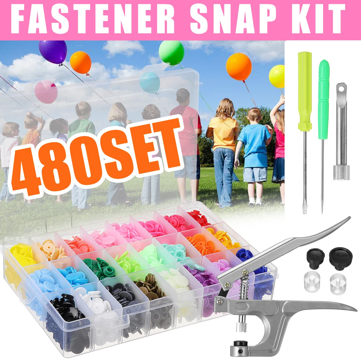 

480Set T5 Plastic Colorful Button +T3 T5 T8 Fastener Snap Clamp Hand-held Metal Press Pliers Hand Punching Tools for DIY Sewing