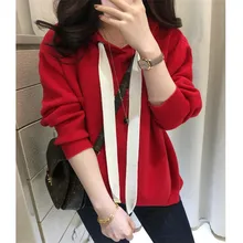 18 new cashmere sweater women's hooded knit sweater loose lazy casual sweater autumn and winter sets of large size sweater