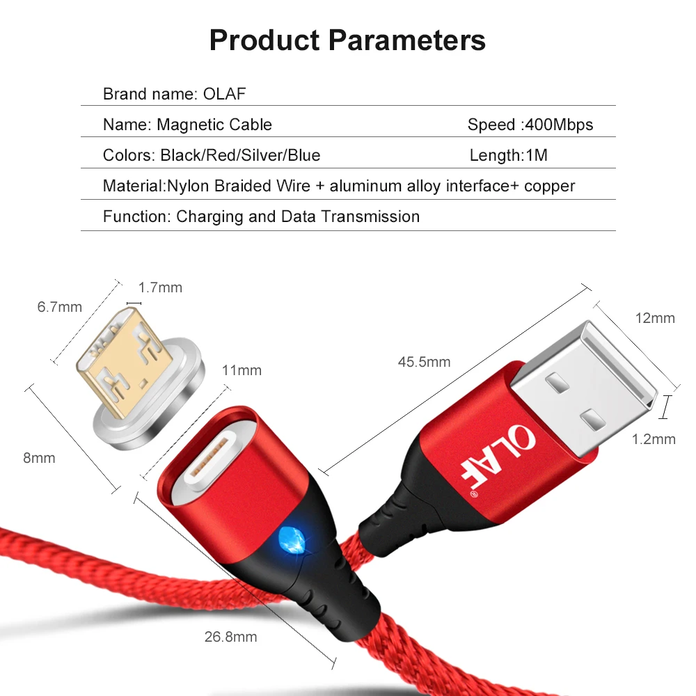 أولاف كابل مغناطيسي ل البرق/المصغّر usb/نوع C مهايئ شاحن التوصيل ل فون المغناطيس سريع كابلات شحن الهاتف المحمول