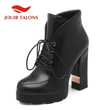 

JOUIR TALONS 2019 Fashion Spring Autum Ankle Boots Lace-Up Platform Super High Square Heel Woman Shoes Large Size 33-43