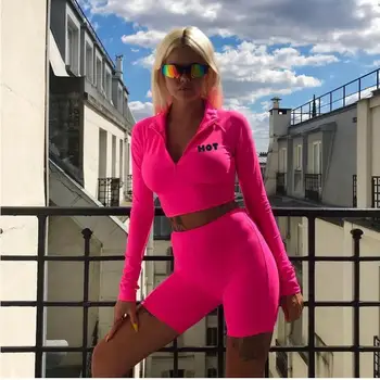 

long sleeve high neck zipper letters print crop tops bodyocn shorts 2 pieces set autumn winter women fashion casua