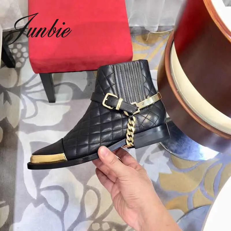 

JUNBIE Top Quality Genuine Leather Gold Metal Chain Women Ankle Boots Pointed Toe Autumn Winter Ankle Boots Shoes Women