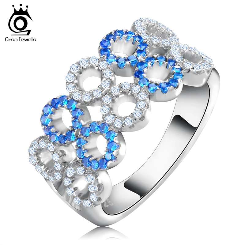 ORSA JEWELS Women Rings Small Circle Design With White And Blue Zircon Fashion Sample Luxury Silver Ring AOR78