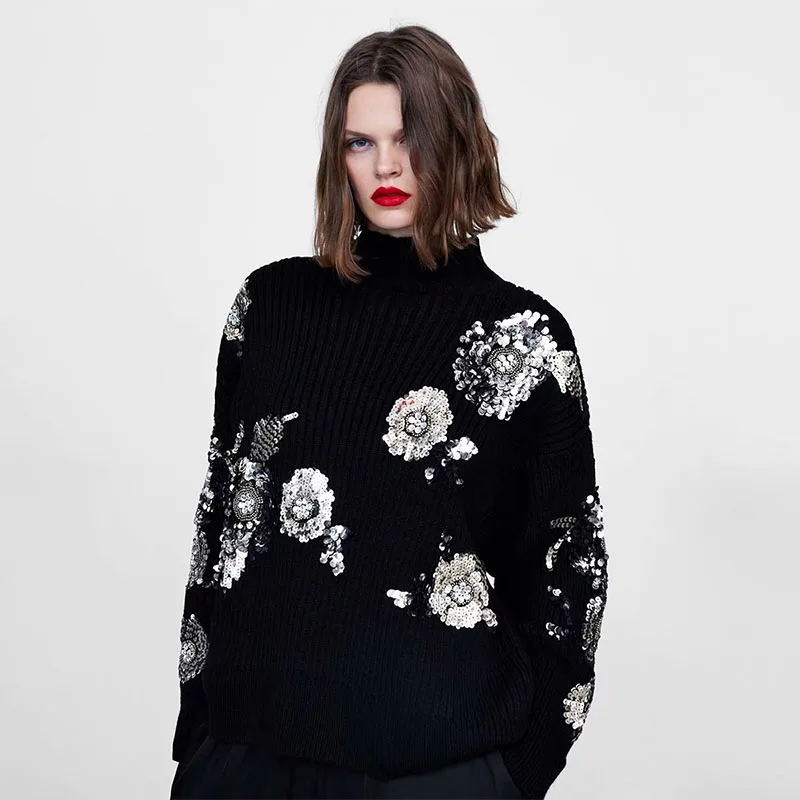

Beading sequined loose knitted sweater floral pattern turtleneck long sleeve stretchy pullovers female retro tops