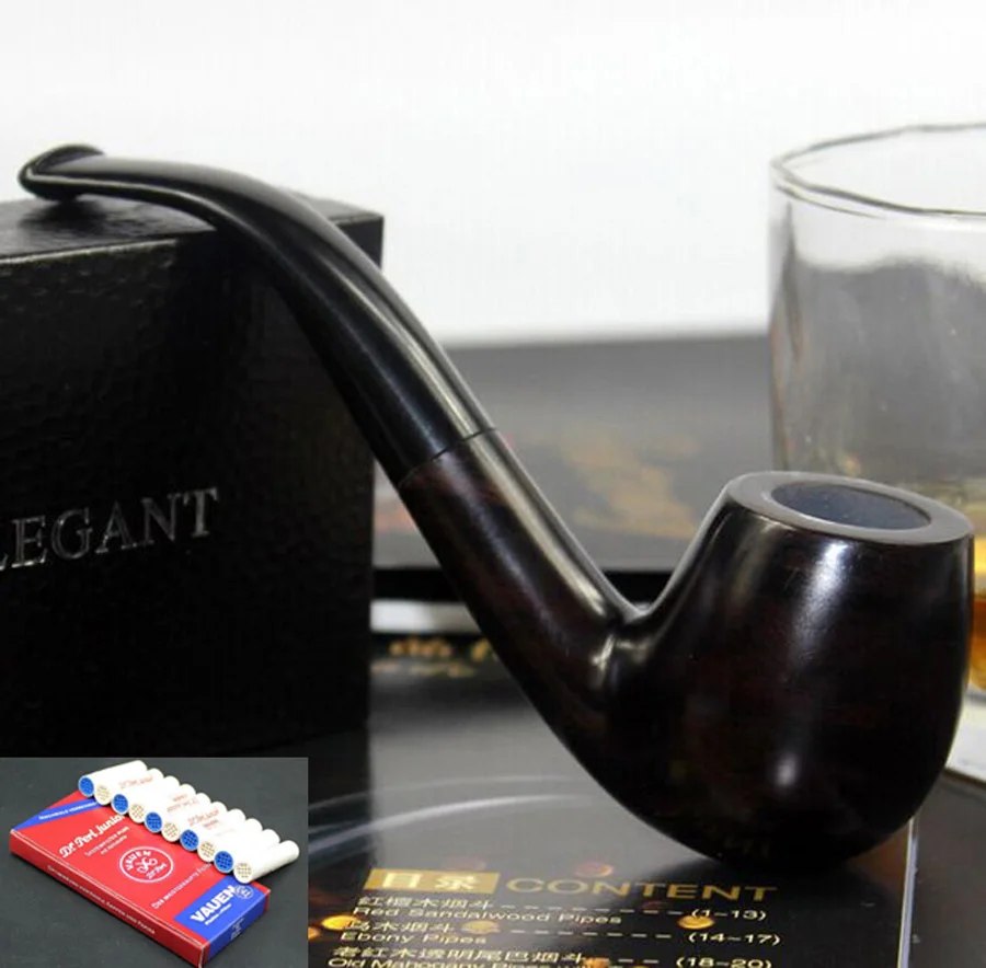 

Durable Handmade Natural Wood Smoking Pipe Set Tobacco Round Ebony Wooden Smoking Pipe Gift 10pcs 9mm Filter+Pouch+Holder FF508