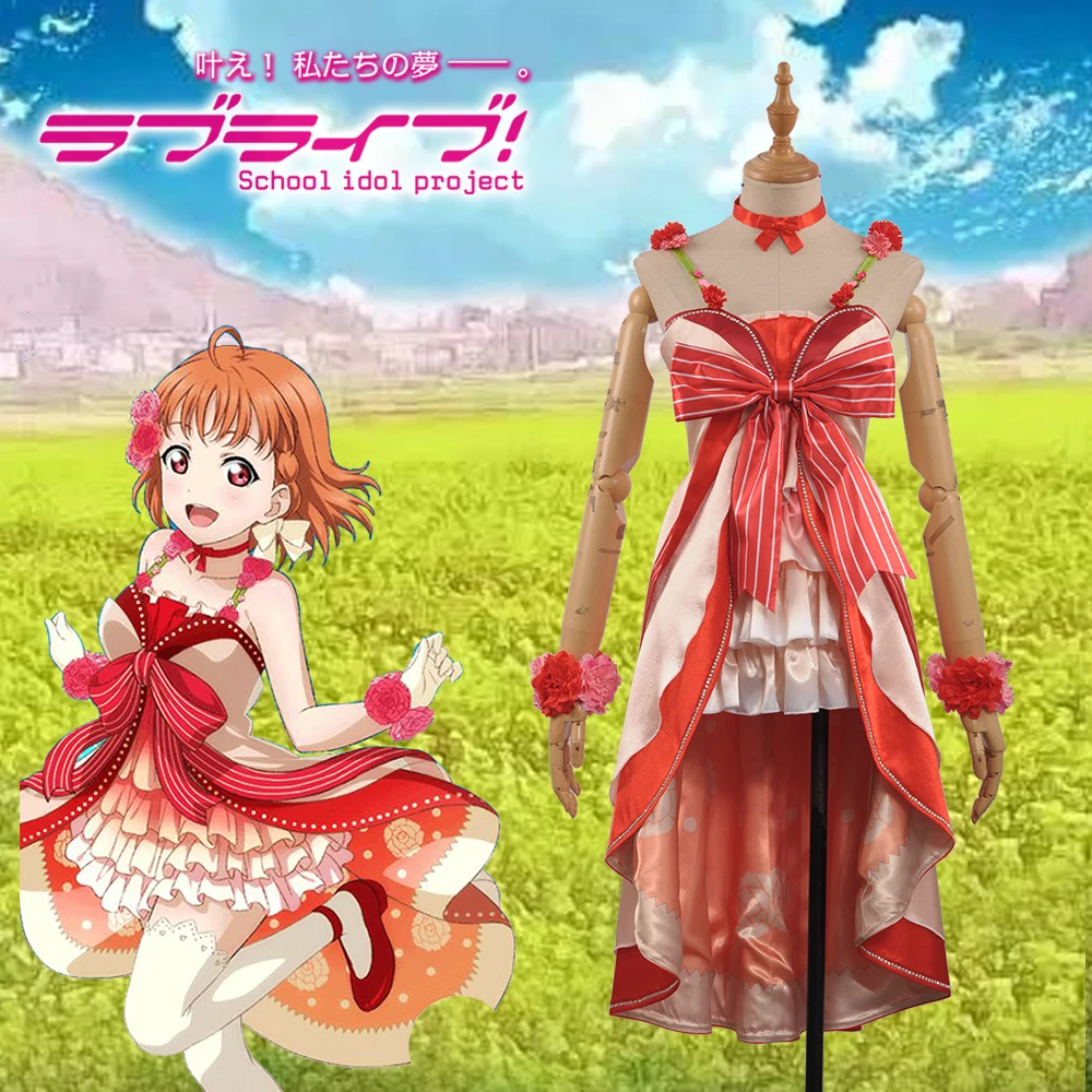 

LoveLive!SunShine!! Aqours Takami Chika Lolita Girls Cosplay Costume Women High Low Dress RED Formal Dress Evening Suit Hairpin