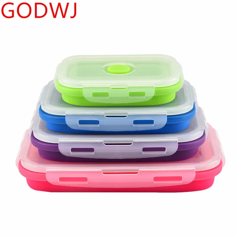 

GODWJ 4 Foldable Microwaveable Silicone Lunch Box Sets Rectangle Portable Folding Bento Box Food Container For Dinnerware