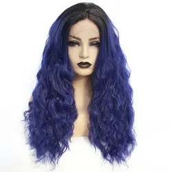 Волнистые Омбре синий синтетический Синтетические волосы на кружеве парик для черный Для женщин жаропрочных парики волос