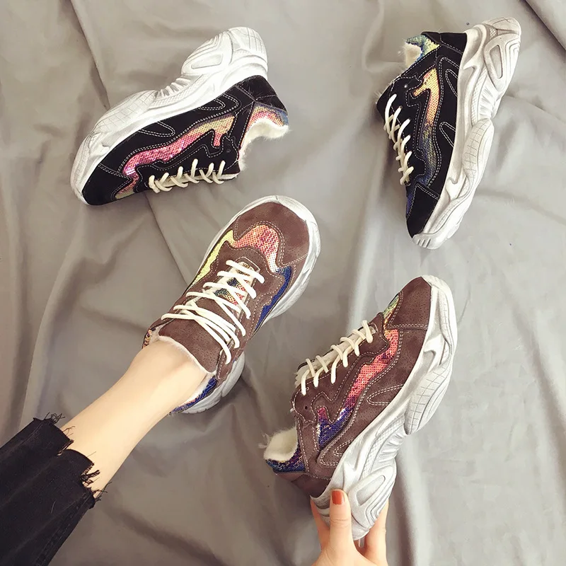 SWYIVY Chunky Women Sneaker Fashion 2019New Spring Fur Breathable Casual Shoe Platform lady High heel Black/pink Sneaker  Female