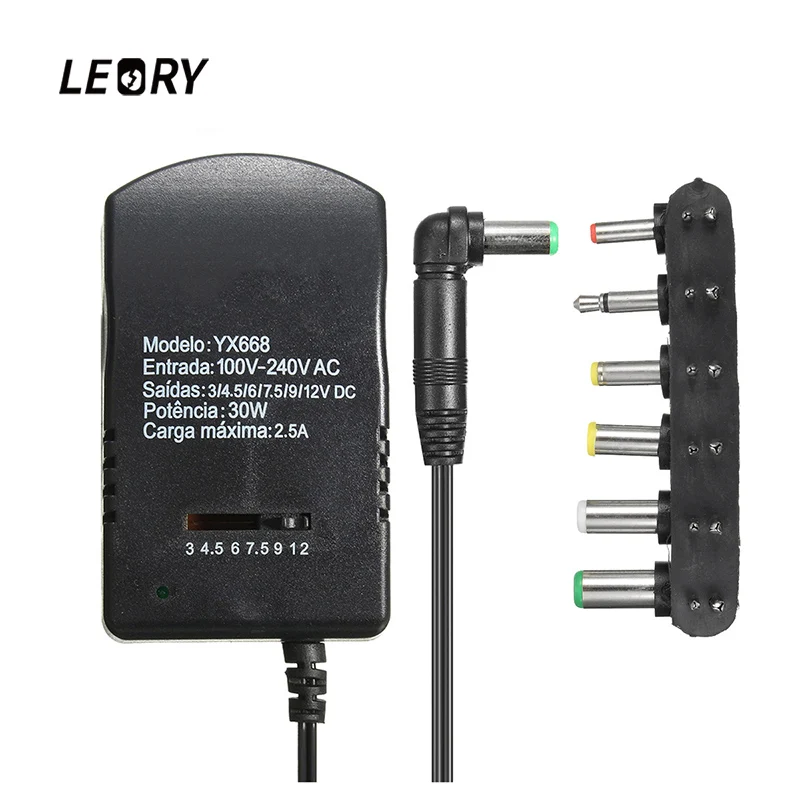 

LEORY Universal DC12V AC Adapter 2.5A 30W Adjustable Voltage Power Adapter 3V 4.5V 6V 7.5V 9V 12V 6-in-1 Power Supply Charger