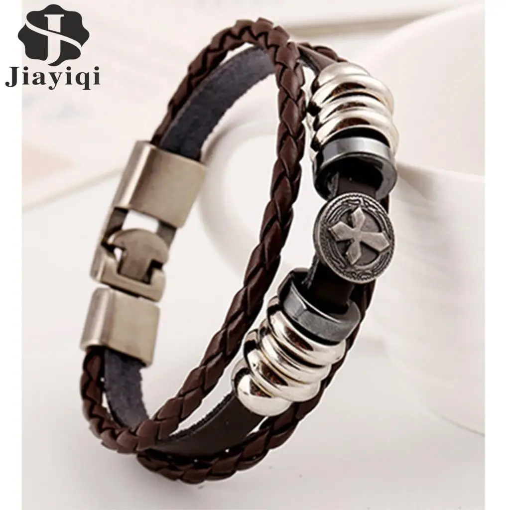 

Jiayiqi 2017 Vintage Cross Beads Handmade Woven Leather Bracelet Bangle For Women Men Jewelry Hip-hop Multilayer Warp Bangle