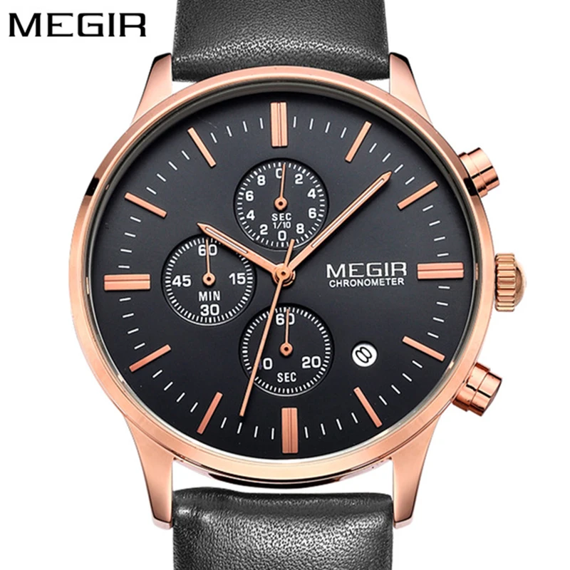 

MEGIR Men's Business Watch Quartz Luxury Sport Watches Men Brand Chronograph Genuine Leather Strap Watches Relogio Masculino