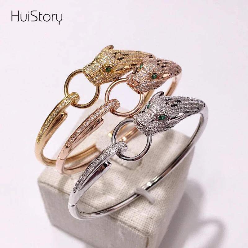 

HUISTORY High Quality Golde Color Ring Leopard Stainless Steel Bracelet With AAA Zircon Bangle For Women Fashion Jewelry