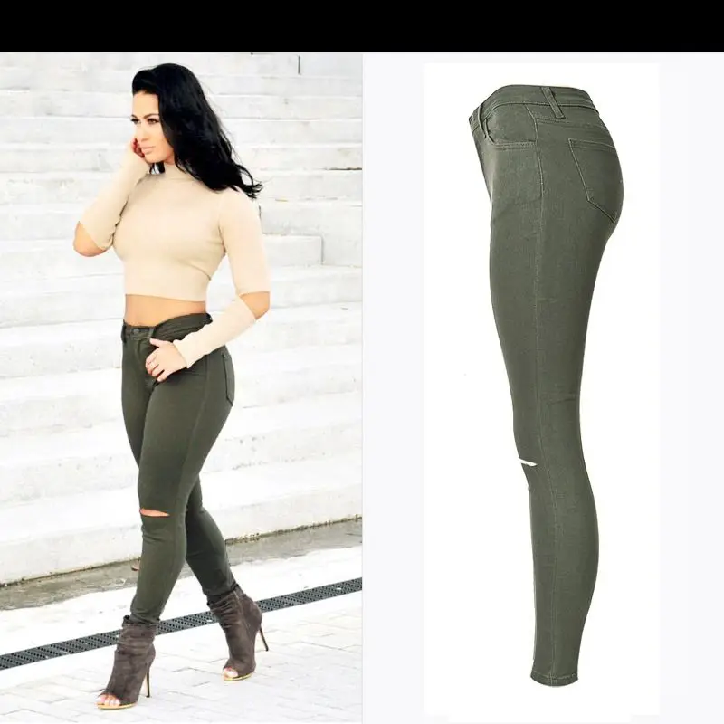 PADAUNGY High Waist Torn Jeans Ripped Jeggings Ankle Holes Army PADAUNGY High Waist Torn Jeans Ripped Jeggings Ankle Holes Army Green Pencil Trousers Jardineira Feminina Slim Fit Jean Taille-in Jeans from Women's ... - PADAUNGY High Waist Torn Jeans Ripped Jeggings Ankle Holes Army