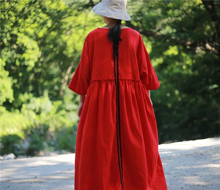 ORIGOODS женское осеннее длинное платье из хлопка и льна, оригинальное платье с круглым вырезом, однотонное красное, черное, белое платье, Robe Femme D080
