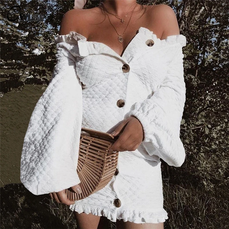 CWLSP blanco cuello largo linterna vestidos de manga volantes Mini vestido botones otoño vestido ropa de mujer invierno QL4209 CWLSP blanco cuello largo linterna vestidos de manga volantes Mini vestido botones otoño vestido ropa de mujer invierno QL4209