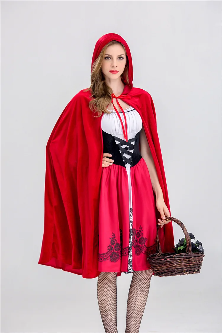 S-XL, Красная Шапочка, Кружевной Костюм для женщин, маскарадный костюм для взрослых на Хэллоуин, сексуальное короткое платье+ накидка, вечерние костюмы для косплея