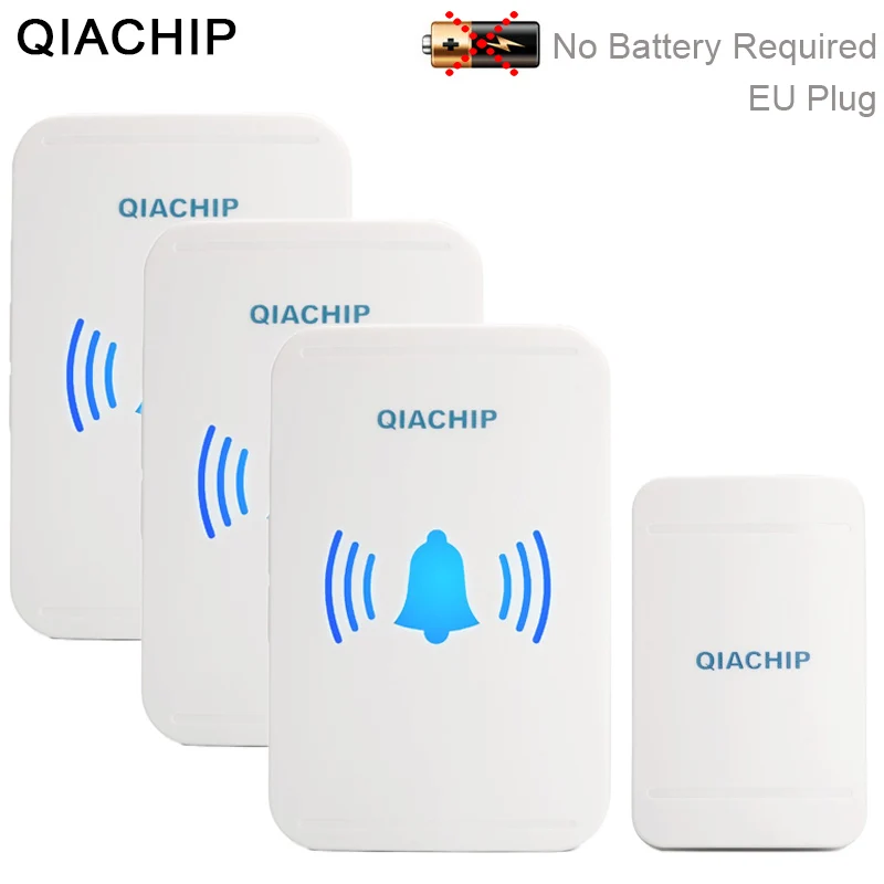

QIACHIP Wireless Door Bell Waterproof Self Powered With No battery EU Plug Smart DoorBell 1 Button 3 Receiver Ring Doorbell