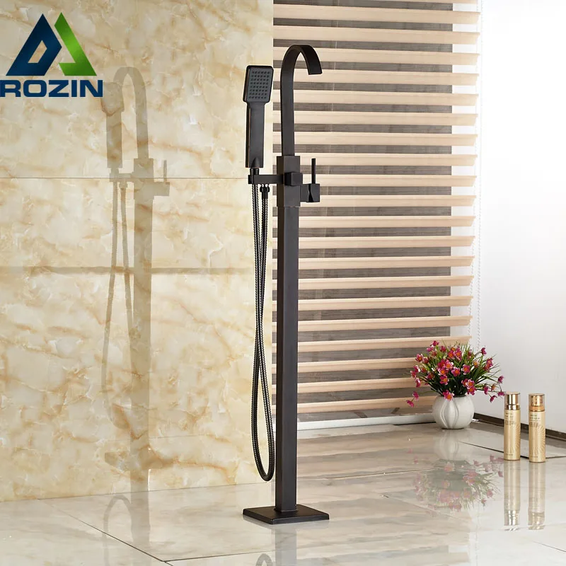 

Oil Rubbed Bronze Waterfall Tub Mixer Faucet Free Standing Floor Mount Bathtub Faucet with Handshower