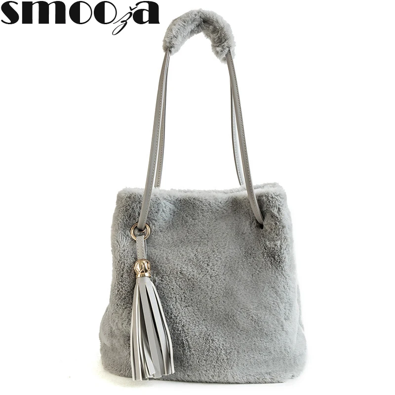 

SMOOZA Vintage Women Shoulder bucket Bag Top Korean fashion Ladies tassel Crossbody Bag Faux Fur Plush Cony Hair tote bag Female