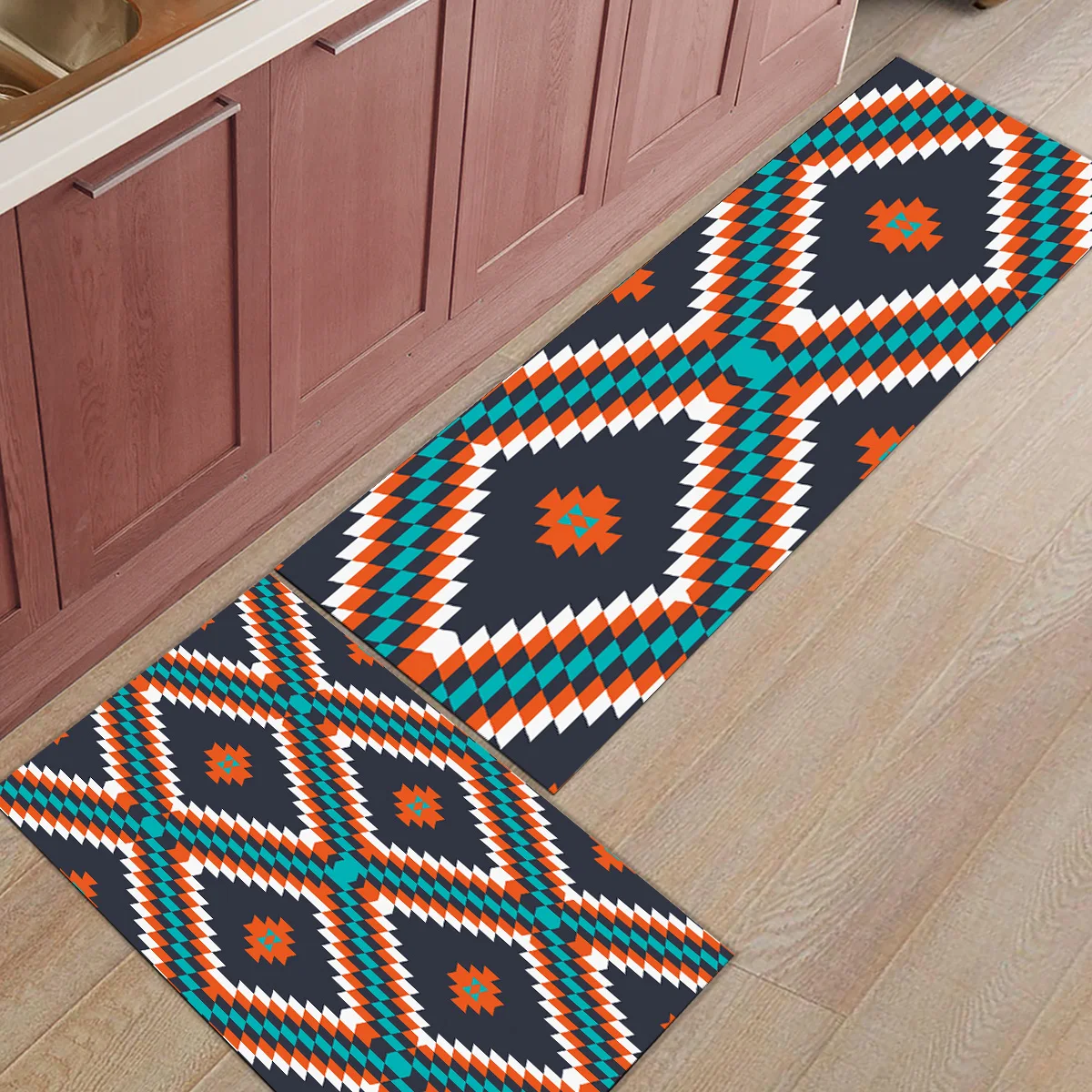 

2 Piece Kitchen Mats and Rugs Set Modern Aztec Traditional Patterns Black Home Deocr Non Skid Area Runner Doormats Carpet