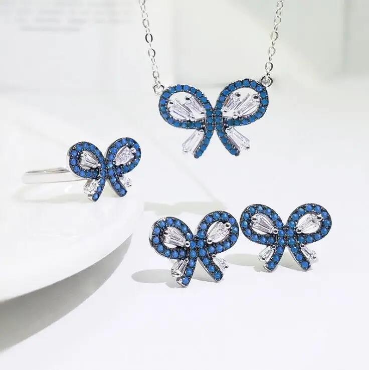 

MeiBaPJ Real 925 Silver Blue Zircons Butterfly Necklace Earrings Ring 3 Pieces Suite Jewelry Set for Women Fine Wedding Jewelry