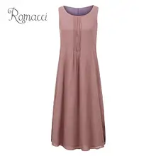 Romacci Vintage Women Sleeveless Dress O Neck Lined Side Split Ladies Extra Large Size Dresses Casual Summer Loose Midi Dress casual side slit sleeveless women s midi dress