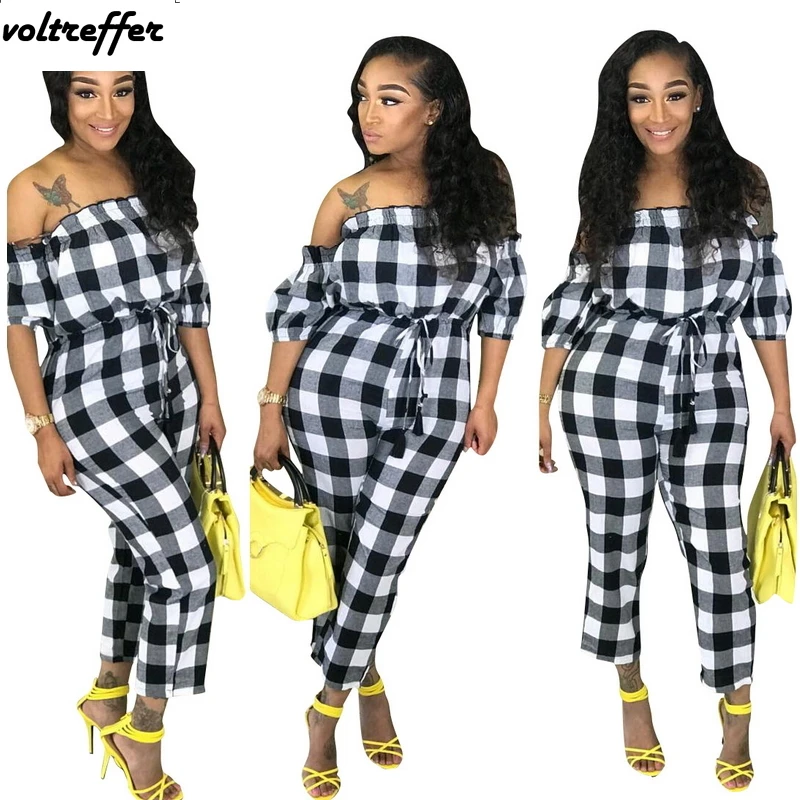 Plaid Printed Macacao Feminino Curto Sexy One Piece Jumpsuits And Rompers For Women Off Shoulder Overalls Backless Ruffles 2018 | Женская
