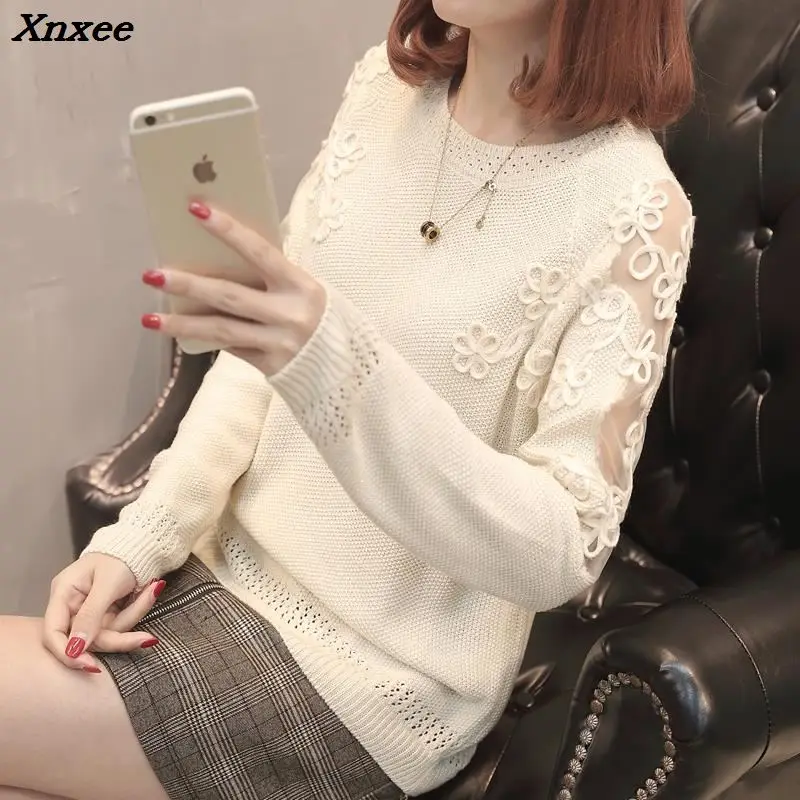 2018 New Spring Autumn Sweater Pullover Fashion Long Sleeve Plus Size Loose Hollow Out Flower Knitted Shirts Tops A314 Xnxee