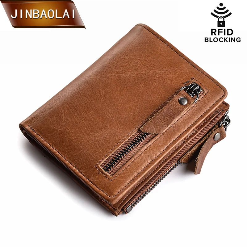 

JINBAOLAI Genuine Leather Men Wallets Man Hasp&Zipper Short Coin Purse Slim RFID BLOCKING Credit Card Holder Wallet carteira