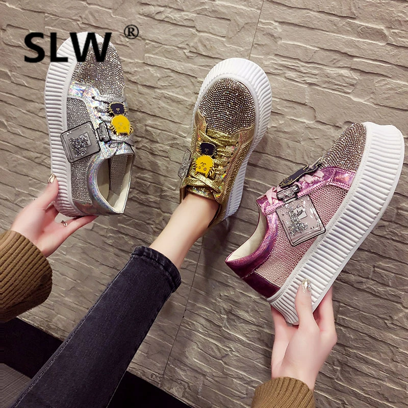 

platform flat Loafers Casual Cross-tied Basic women PU Flat Platform Round Toe fashion Rubber Crystal Lace-Up high shoes woman
