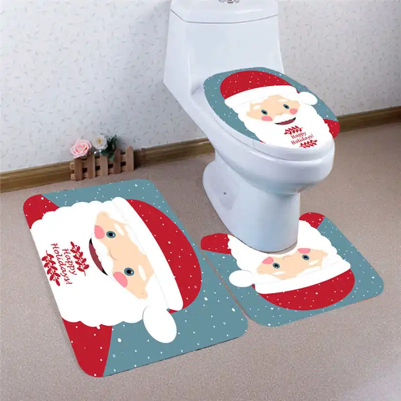 3PCS Christmas Bathroom Non-Slip Pedestal Rug + Lid Toilet Cover + Bath Mat Set Flannel Bottom Add a festive life #2n15 (33)