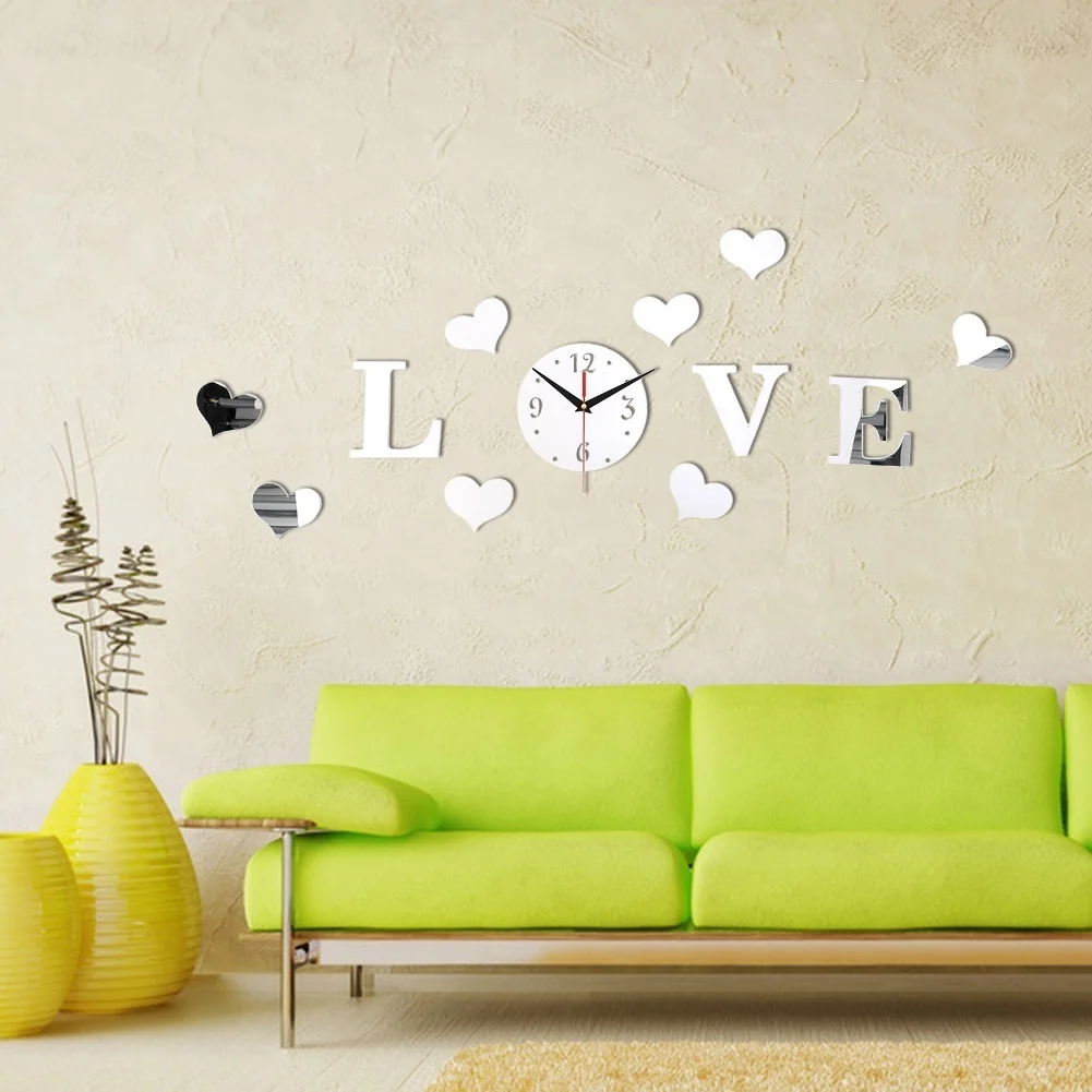 cheap Acrylic Mirror Effect Clock Wall Sticker LOVE With Clock Movement Decoration Maison Bedroom Decor One Piece QW