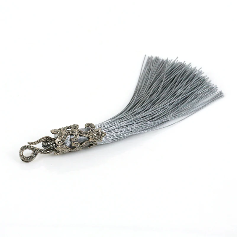 

Bohemia Gray Grey Fabric Silk Tassel Pendant Black Hematite Bead Chain Infinite Rhinestone Connector Necklace For Women Wedding