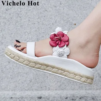 

Vichelo Hot cow leather colorful decoraion round peep toe slip on peep round toe mules pretty girls beach vocation sandals L56