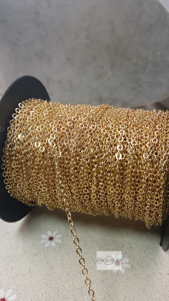 

MYLONGINGCHARM WholeSale-100 ft spool of 18 k gold Plated chain 2mm tiny flat soldered cable chain-F768