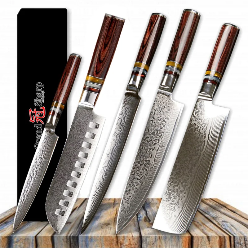 

Grandsharp 5 Pcs Chef Knife Set Professional Chef's knives 67-Layer VG10 Japanese Damascus Steel Kitchen Knife Best Family Gift