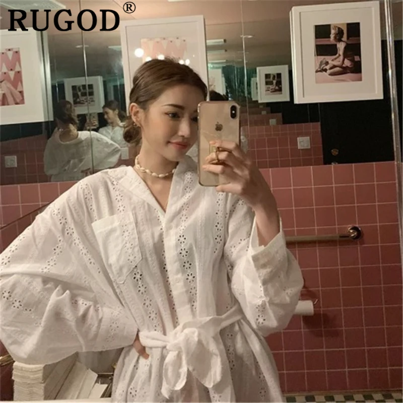 Женская Длинная блузка RUGOD белая Свободная с длинным рукавом и поясом в Корейском